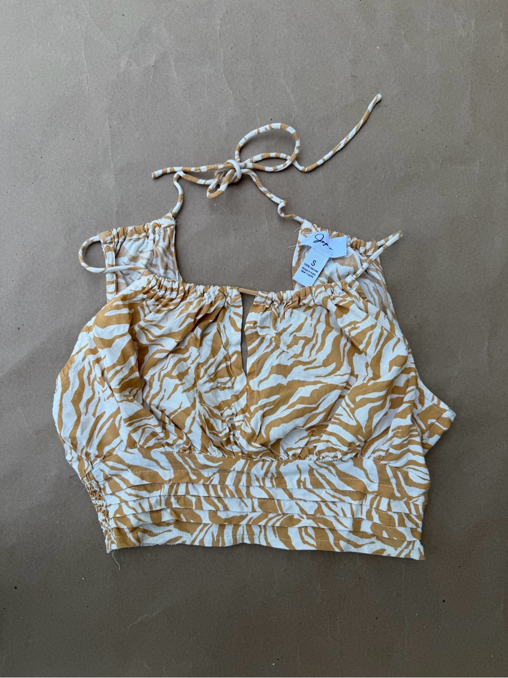 Japna Mustard and Cream Zebra-Print Halter Crop Top